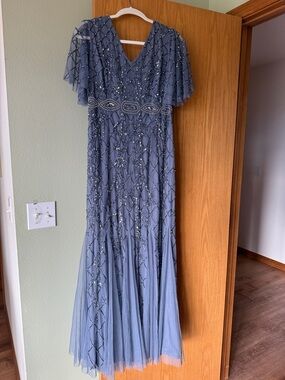 Adrianna Papell Slate Blue/Gray Evening Dress with Beaded Trim